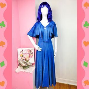 Vintage 70s Blue Sparkling Flowy Maxi Dress